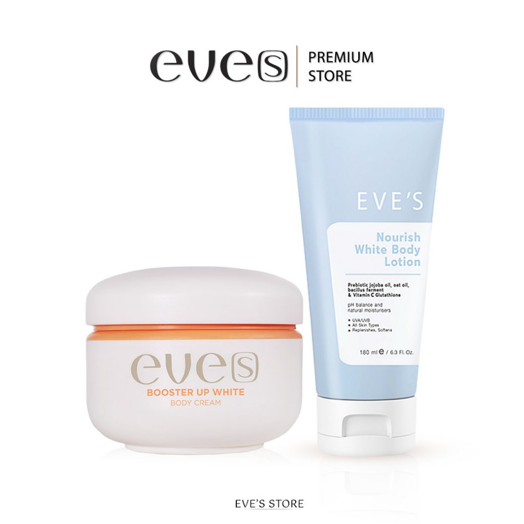 EVE'S เซตคู่ผิวขาว อีฟส์ บำรุงผิวกาย ขาวกระจ่างใส บูสเตอร์อัพ+โลชั่น ทาผิวขาวเร่งด่วน ป้องกันผิวจากแสง เนียนนุ่ม ขาวใส