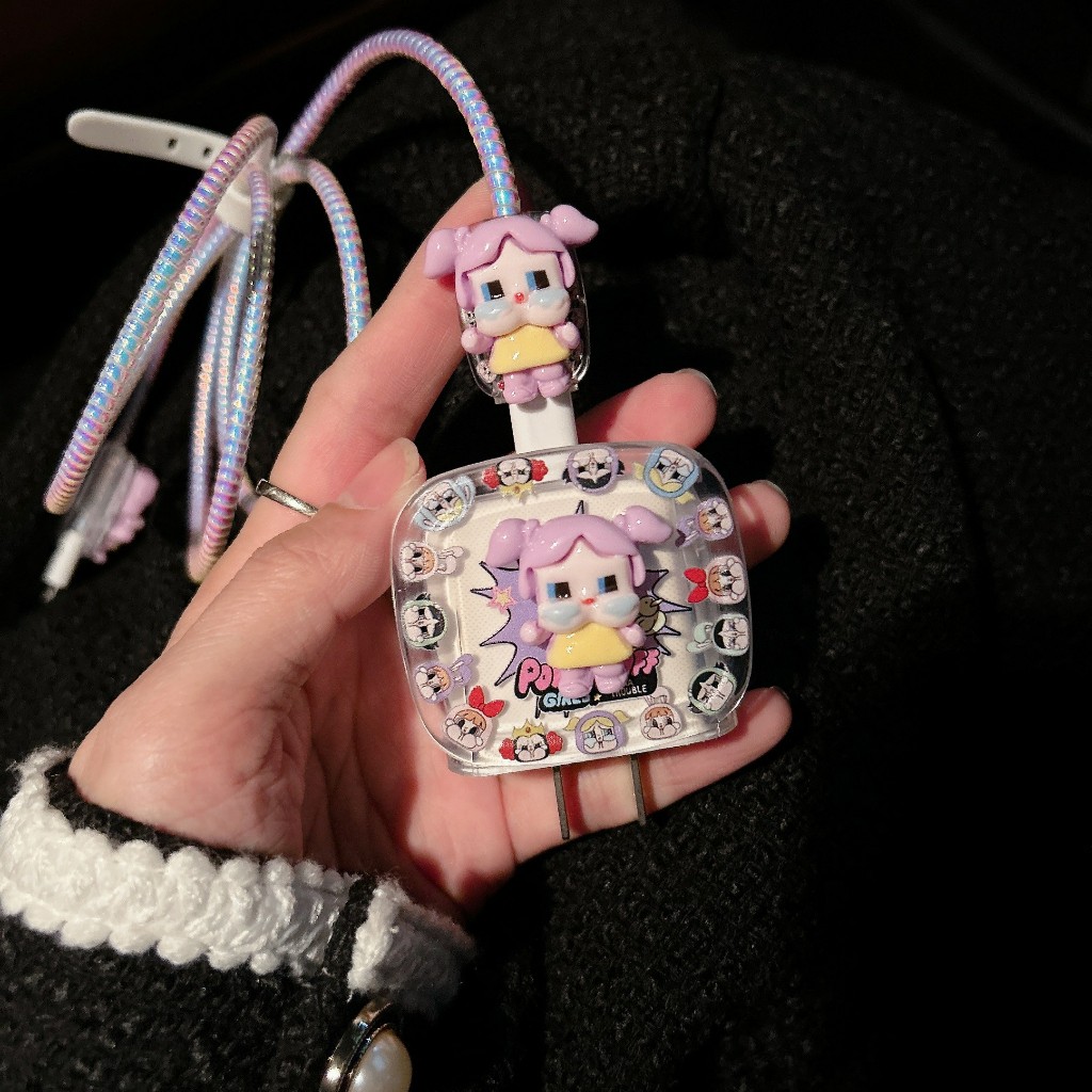 พร้อมส่งจากไทย พัฟเกิร์สม่วง ชุดพันสาย เคสหัวชาร์จ ลายการ์ตูน ตัวถนอมสาย USB สำหรับ iphone 20w 18w 35W