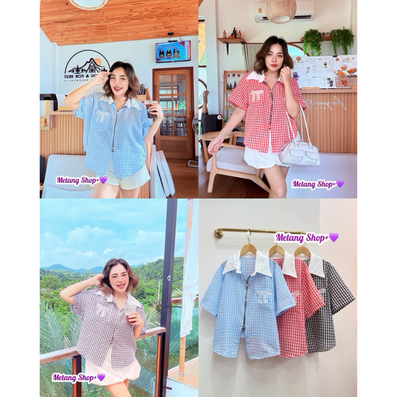 เสื้อเชิ้ตแขนสั้นลายสก๊อต แต่งคอปกสีขาว ซิปหัวใจรูดขึ้นได้บน-ล่าง กระเป๋าหน้าติดโบว์ลูกไม้ รอบอก 38-50 นิ้ว