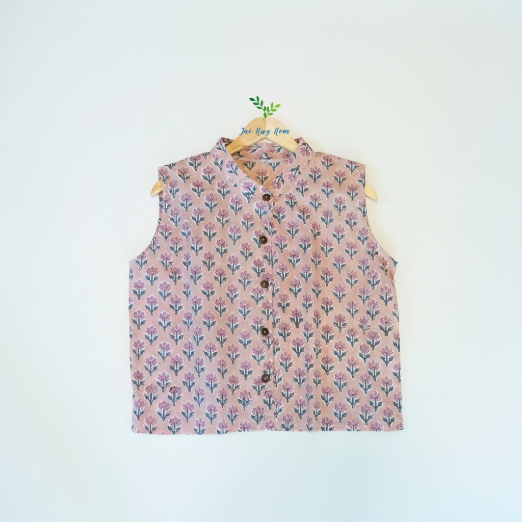 เสื้อคอปีน แขนกุด เนื้อผ้าคอตตอนอินเดีย พิมพ์ลายบล็อกไม้จากอินเดีย