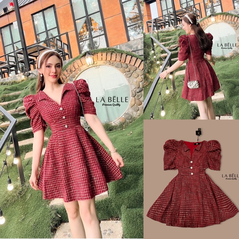 M12 งานป้าย Labelle Dress ชุดเดรสสั้นคอปกผ้าทอ สีแดง สำหรับผู้หญิง เสื้อผ้าแฟชั่นผู้หญิง ไซส์ S-XL