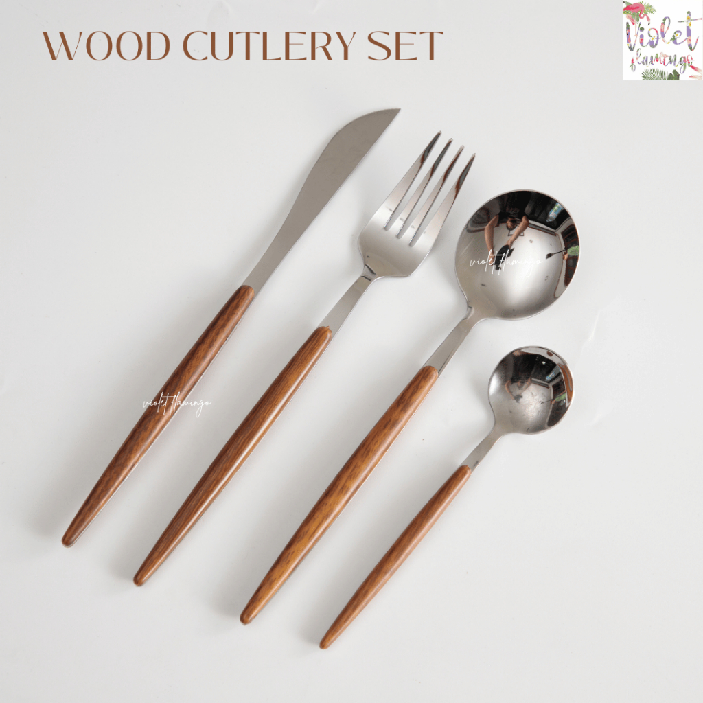 Violet Flamingo ชุดช้อนส้อมมีดและช้อนขนม รุ่น Wood Cutlery Set วัสดุสแตนเลสอย่างดีด้ามจับลายไม้