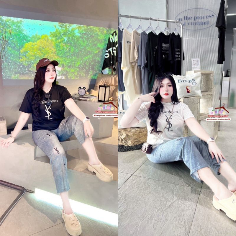 เซ็ตสาวอวบงานป้าย เสื้อ+กางเกง (ไม่ใช่ยีนส์) อก36-46 เอว30-38 สพ46