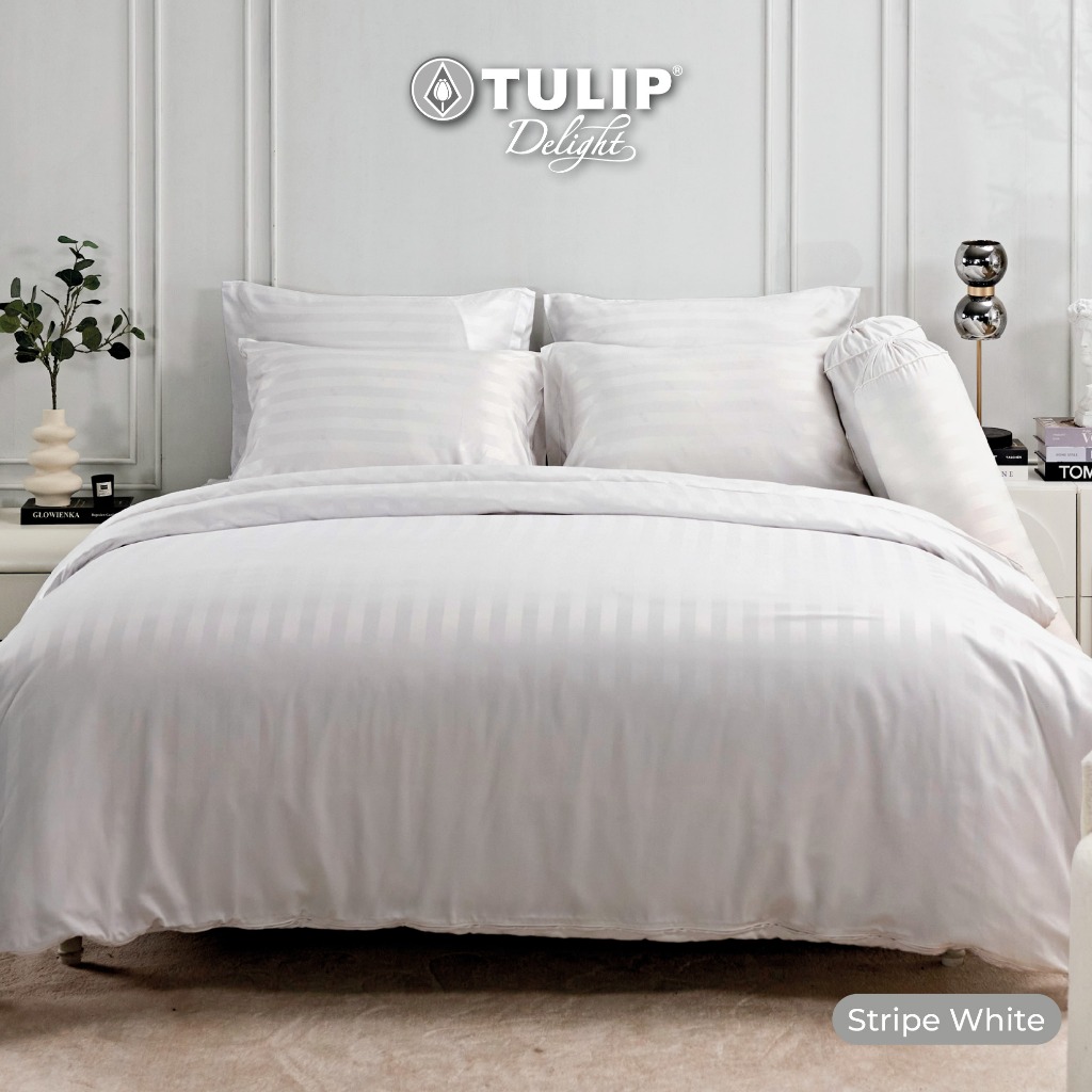 TULIP รุ่นTULIP Delight สีขาวลายริ้ว Stripe White ทอแจ๊คการ์ด บนเนื้อผ้า ชุดเครื่องนอน ผ้าปูที่นอน ผ้าห่มนวม