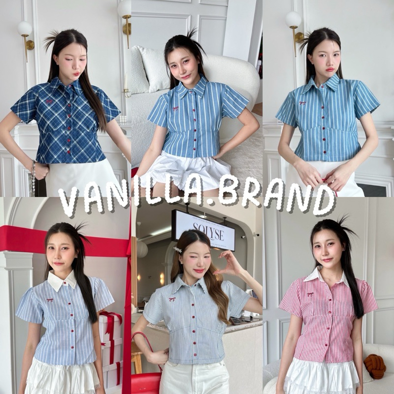 ⚫️⚪️(มีสีดำ,ขาว) เสื้อคอปกยีนส์ลายริ้ว ปักโบว์ ด้านหลังมีโบว์ผูก -kn / VB0468