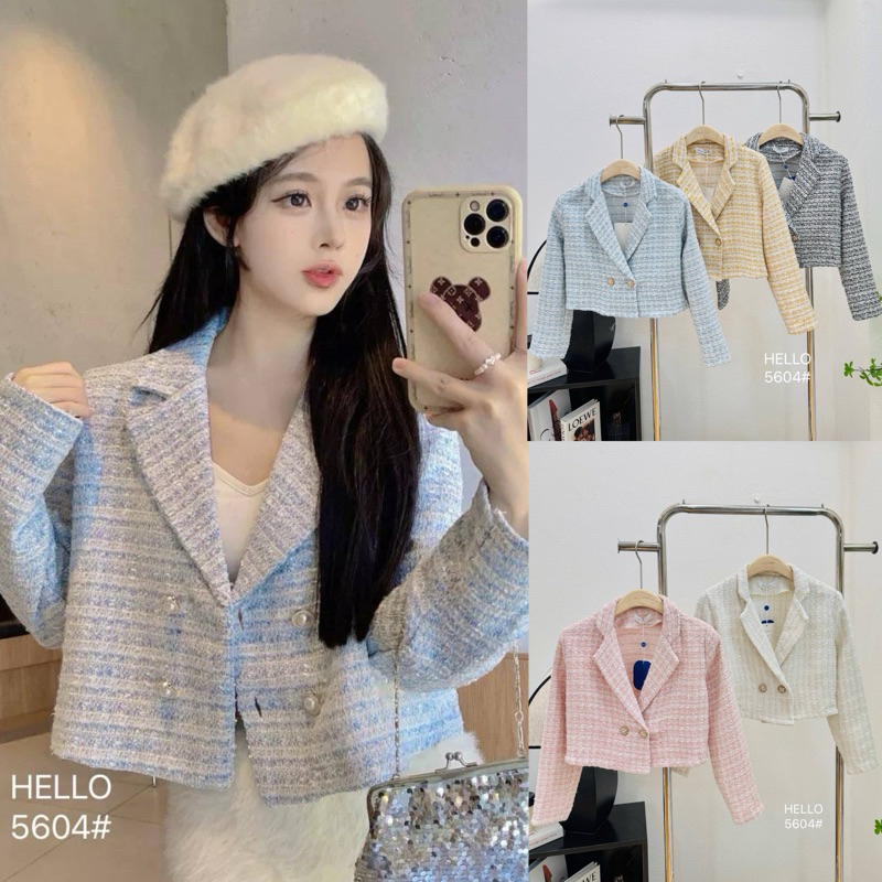 เสื้อครอป/เสื้อคลุม แขนยาวคอปก ผ้าทวิต กระดุมทองด้านหน้า #H5604