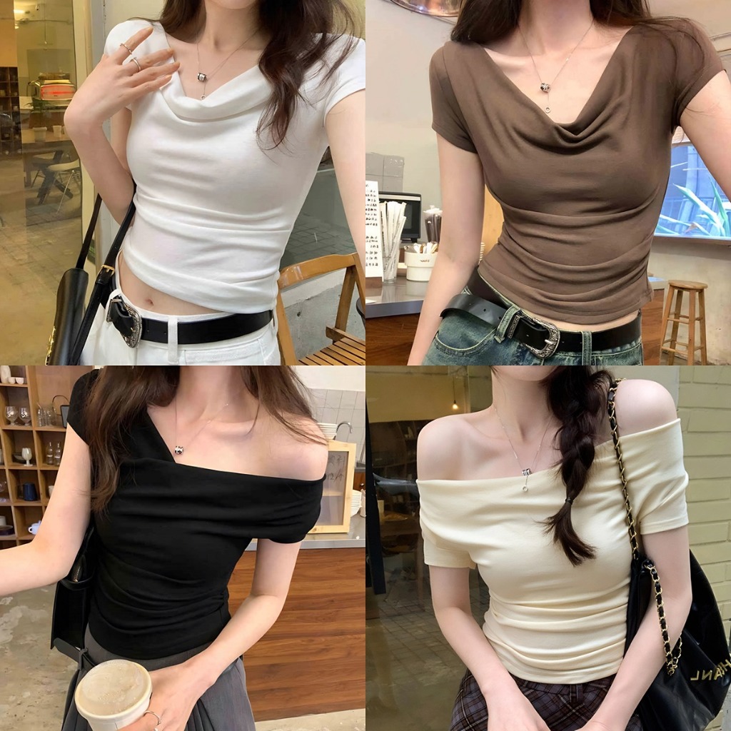 เสื้อผ้าแฟชั่นผู้หญิง เสื้อยืดคอวี ทรงสวย ผ้าระบายอากาศดี แมทช์ง่ายสุดๆ สีสันสด #020268