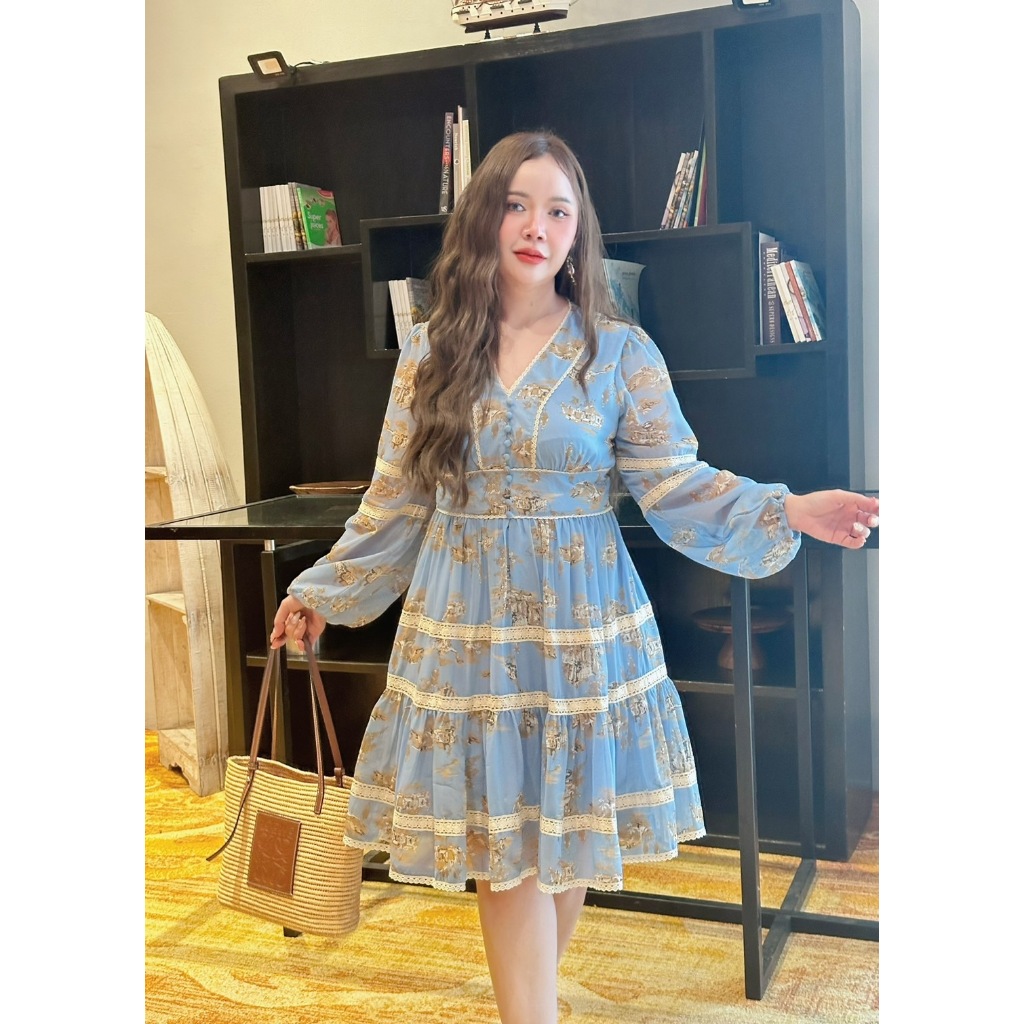 CA388 : Calorie Fashion Princess Blue มินิเดรสสีฟ้าแต่งขอบลูกไม้ ผ้าพิมพ์ลายสุดน่ารัก