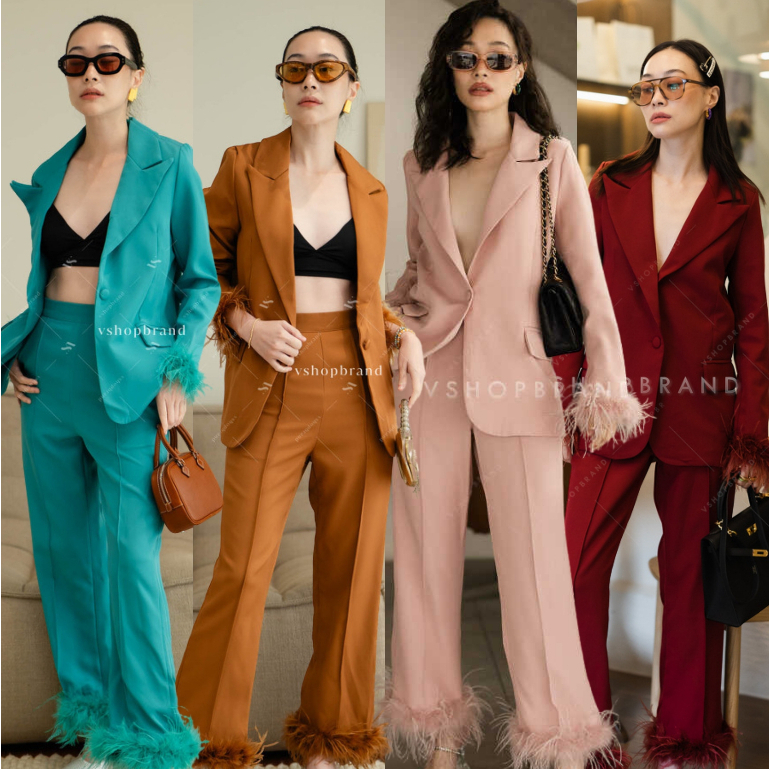 พร้อมส่ง Set เสื้อสูทแขนแต่งขนนก+กางเกงตีเกร็ดหน้าปลายขาแต่งขนนก งานป้าย vshopbrand