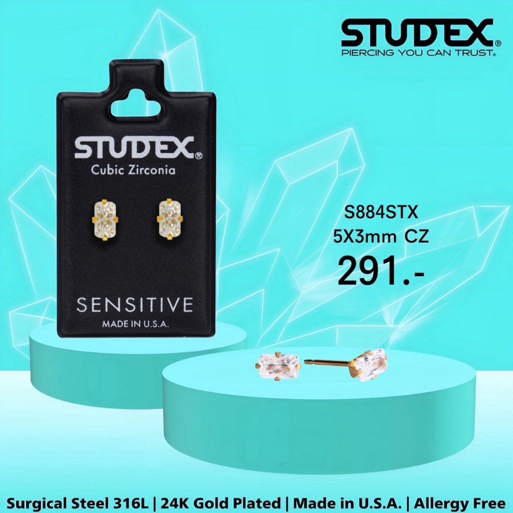 STUDEX S884STX ต่างหูแฟชั่นสำหรับหูแพ้ง่าย เคลือบทอง 24K 5X3MM CZ