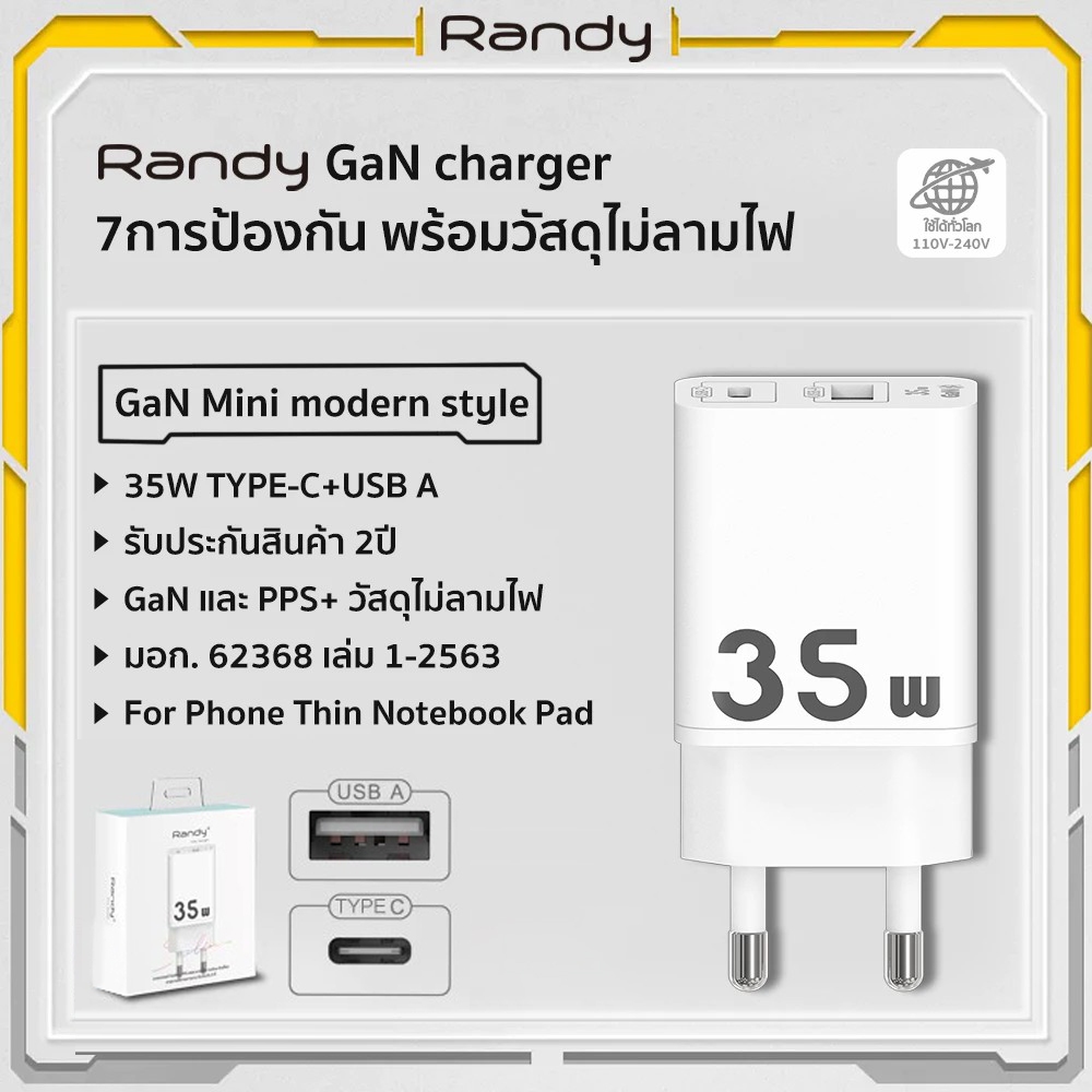 Randyหัวชาร์จ GaN35W FastChargerAdater เหมาะสำหรับชาร์จ แท็บเล็ต เกมคอนโซล powerbank มือถือ หูฟังไร้สายและนาฬิกาอัจฉริยะ