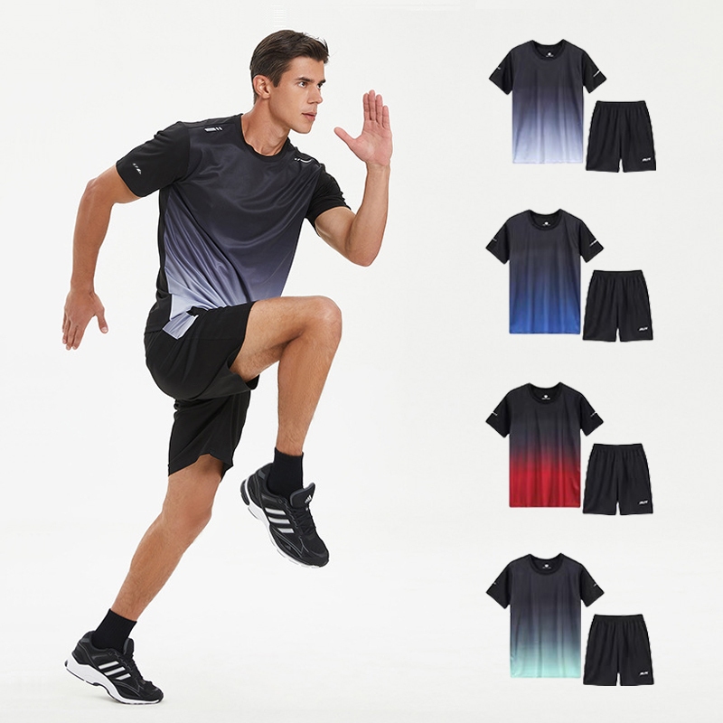 ชุดกีฬา 2 ชิ้น เสื้อ+กางเกง ชุดกีฬา Run เสื้อยืดคอกลมสีพื้น ผ้าเบา เหมาะสำหรับการออกกำลังกายและวิ่ง