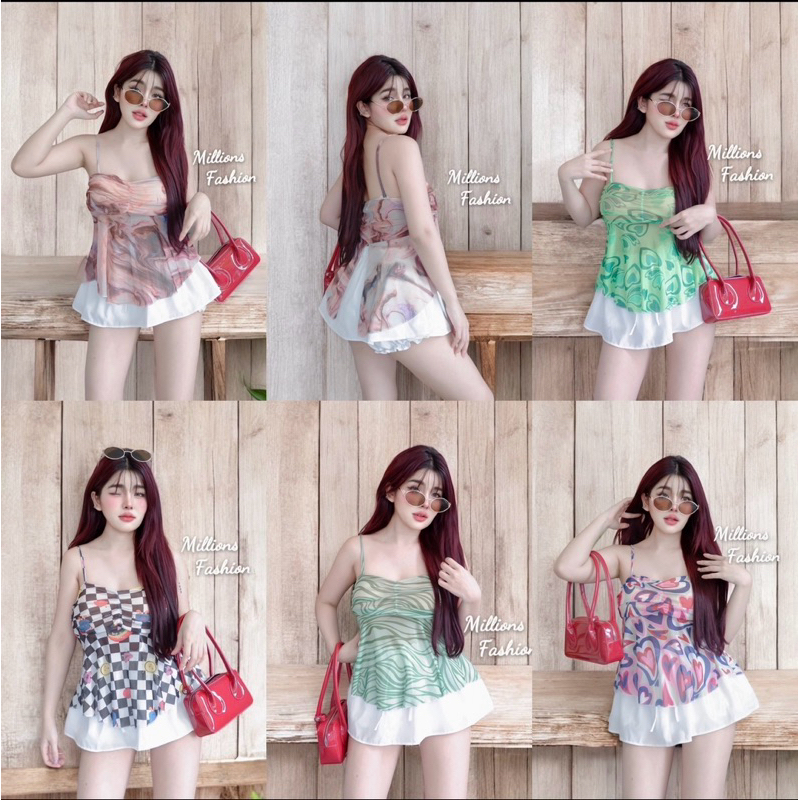 Pangpang เสื้อครอป สายเดี่ยว ย่นอก ผ้าซีทรูลาย เสริมฟองน้ำ