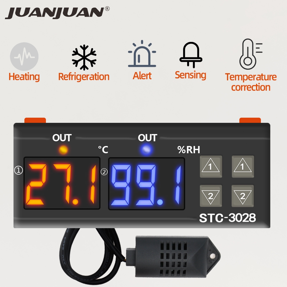 เครื่องควบคุมอุณหภูมิและความชื้นแบบดิจิตอลคู่ STC-3028 เครื่องวัดอุณหภูมิและความชื้น ตัวควบคุมตู้ฟักไข่ AC 220V