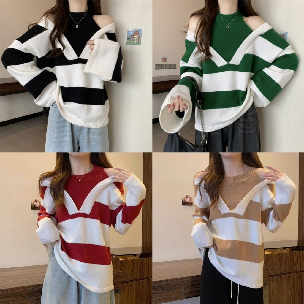เสื้อไหมพรมแขนยาวเปิดไหล่ เสื้อแขนยาวกันหนาว นื้อผ้ายืดหยุ่น สาวอวบใส่ได้ 93011#