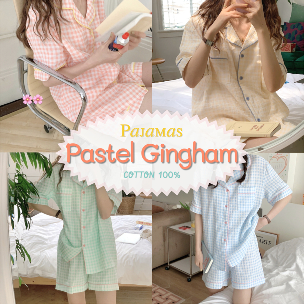 [พร้อมส่ง] ชุดนอน Daydreamers - Pastel Gingham ชุดนอนแขนขายาว-สั้น ลายตาราง ผ้าคอตตอนสาลู ใส่สบาย เบา นุ่ม Free-size