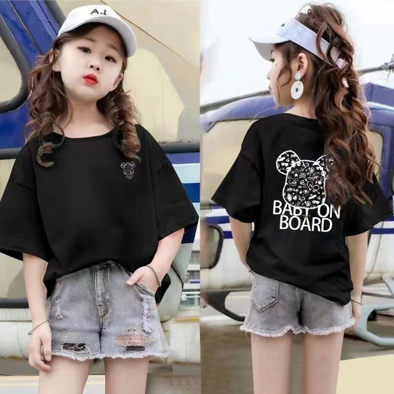 Yout-children เสื้อยืด ของเด็ก การ์ตูนน่ารัก แขนสั้น tops ผ้าฝ้ายคุณภาพดี สะดวกสบาย สไตล์เกาหลี ชุด สีดำ