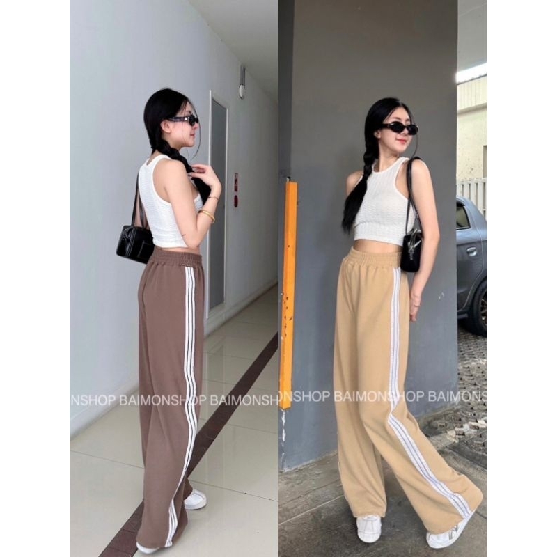 MahahengCloset กางเกงขาวยาว ทรงกระบอก เอวสูง (3แถบข้าง) ใส่แล้วมีความสูงโปร่ง มีความสปอร์ตเกิร์ลลุกเท่ห์ชิคๆมาก!