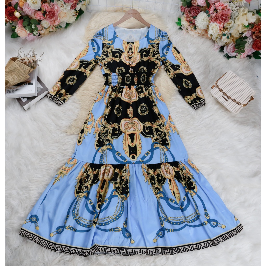 ชุดเดรสสง่างาม,ชุดเดรสโบฮีเมียน,ชุดเดรสพิมพ์ลาย สีฟ้า แขนยาว คอกลม ผ้าโพลีเอสเตอร์ ความยาวชุด=50