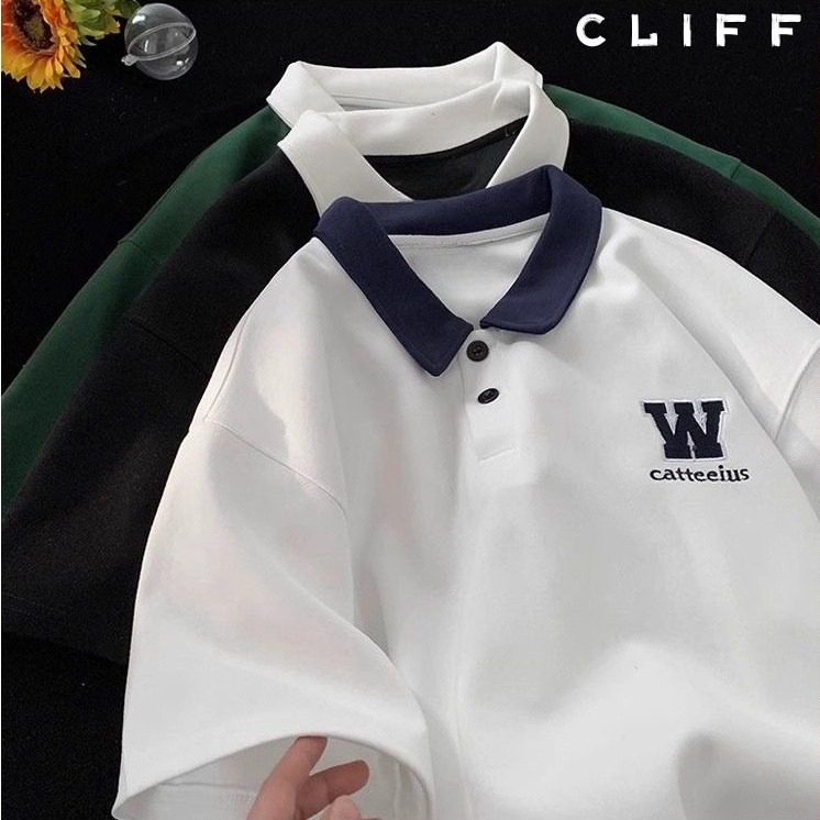 CLIFF เสื้อโปโลผู้ชาย สีผสม แขนสั้นคอปก เสื้อผู้หญิง ชุดคู่รัก เรียบง่าย สไตล์อเมริกัน