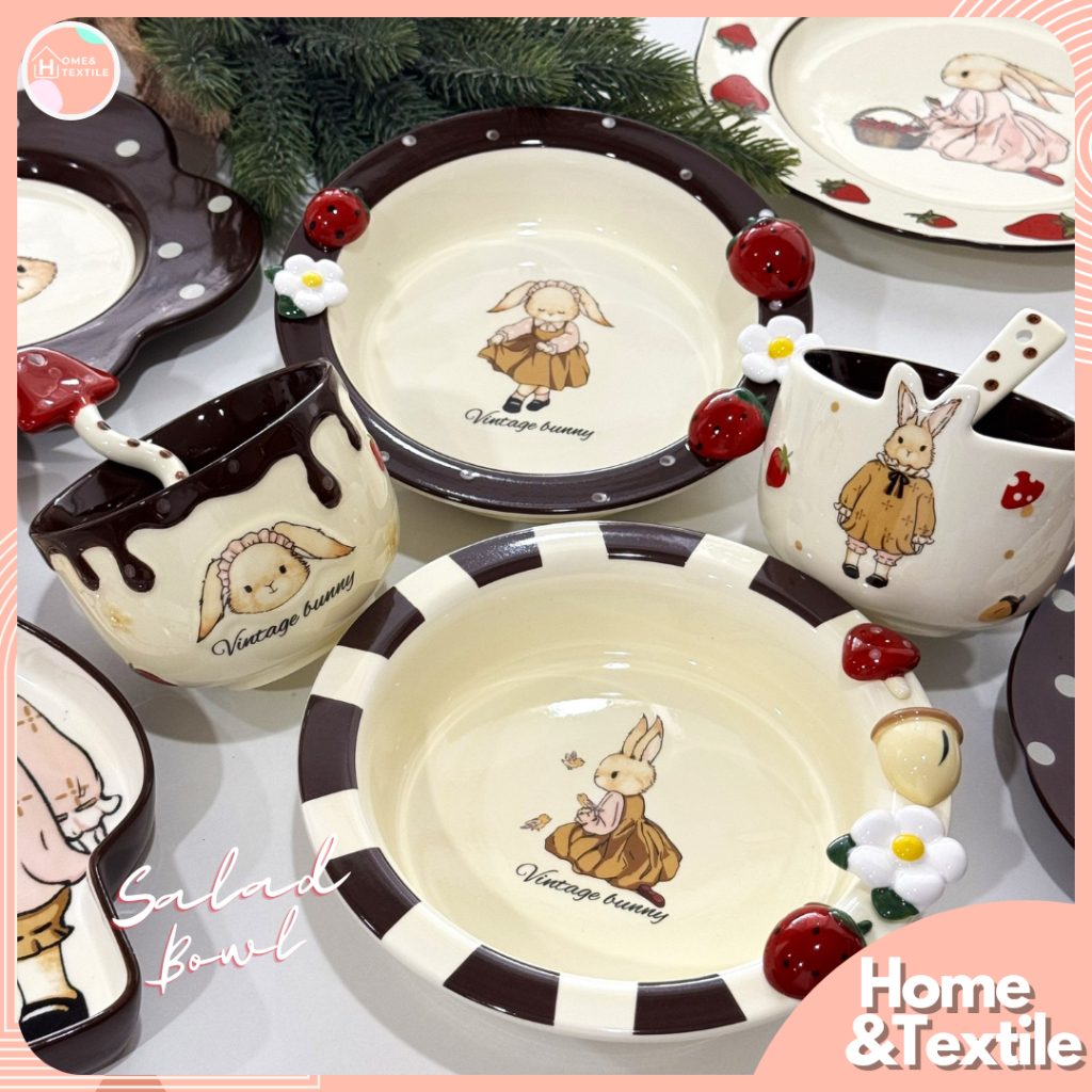 Rabbit vintage ຈານເຊລາມິກ ລາຍກະຕ່າຍ ນ່າຮັກ ໃຊ້ເປັນຊາມສະລັດ/ຈານຂອງຫວານ
