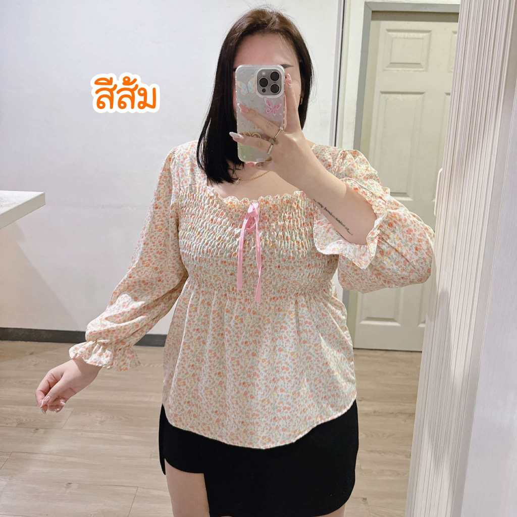 เสื้อแขนยาวลายดอกแต่งโบว์ชมพูสาวอวบอ้วนไซร้ใหญ่ อก42-50นิ้ว / พ4