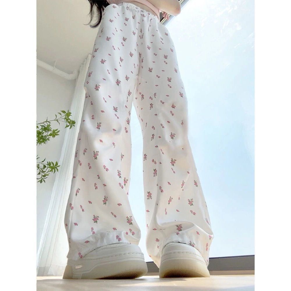 KKS พร้อมส่ง กางเกงลำลองผู้หญิง เอวสูง ลายดอกไม้ ทรงหลวม เอวยางยืด สไตล์เกาหลี ใส่สบาย #17259