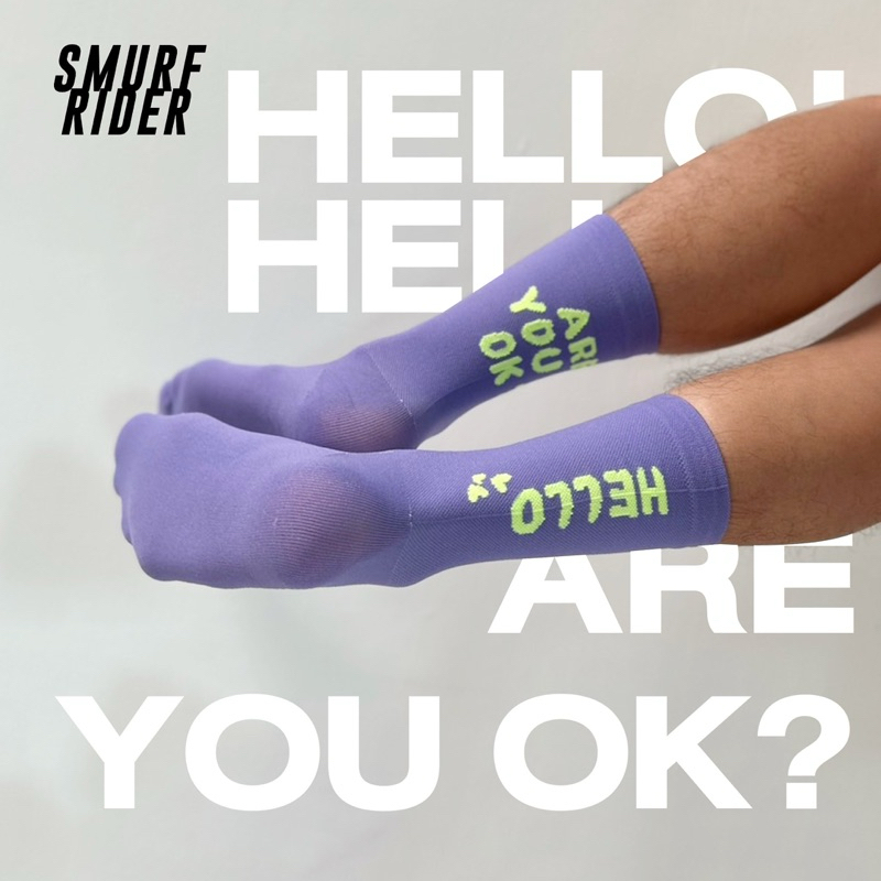 🇹🇭 พร้อมส่งจากไทย cycling socks ถุงเท้าปั่นจักรยานถุงเท้าวิ่งถุงเท้าออกกำลังกายลายปัก hello are you ok? ผ้าcottonใส่สบาย