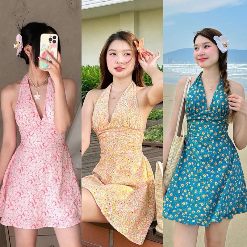 Teera พร้อมส่ง เดรสสั้นลายดอกไม้สายผูกคอหลังซิปหลัง+สมอค มีซับในทั้งตัว
