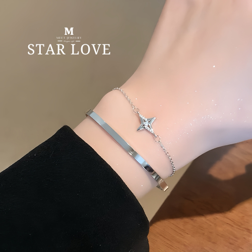MEET💕 Star Love ငွေလက်ကောက် (စစ်တင်) ချိန်ညှိလို့ရ အဖက်အတောက် ပေါ်လွင် ဒီဇိုင်း Retro
