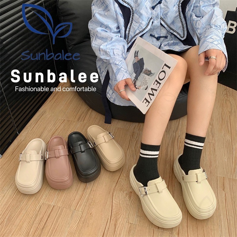 SHO-SUNG57 รองเท้าหัวโต รองเท้าเสริมส้น 7 CM สำหรับผู้หญิง ตกแต่งสายเข็มขัด สีพื้น วัสดุ EVA สินค้าพร้อมส่ง