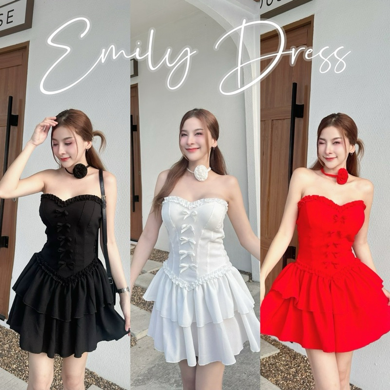 (Emily Dress)เดรสเกาะอกแต่งโบว์หน้า พร้อมโชกเกอร์ดอกไม้