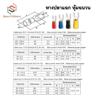 หางปลาแฉก หุ้มฉนวน หางปลาก้ามปู ใช้กับสายไฟขนาด 0.5 - 6 Sq.mm SV1.25-4,SV2-4,SV3.5-5,SV5.5-5 100 ตัว