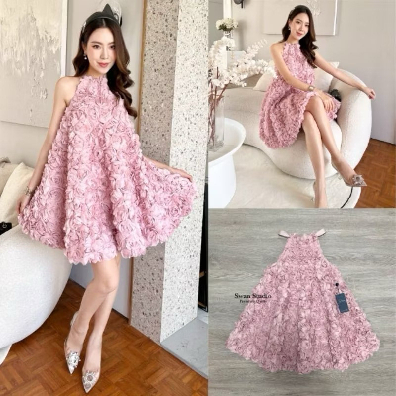 🌹พร้อมส่ง🌹 เดรสกุหลาบชมพูงาน 3D งานตามหา ป้าย Swan ⭐️❤️ ฟรีไซส์