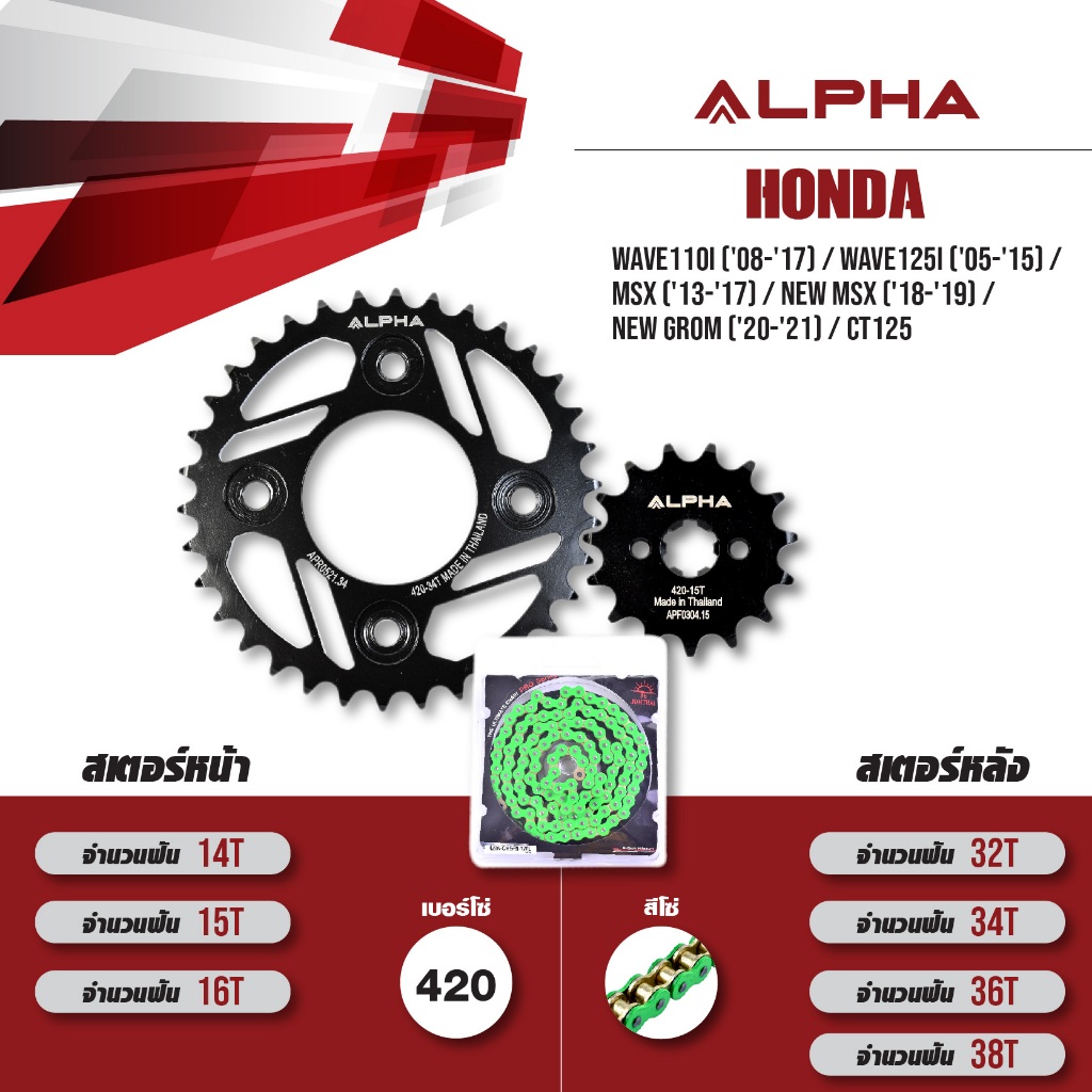 ชุดโซ่สเตอร์ ALPHA เปลี่ยน Wave110i ('08-'17) / Wave125i ('05-'15) / MSX / New Grom / CT125 โซ่ JOMT
