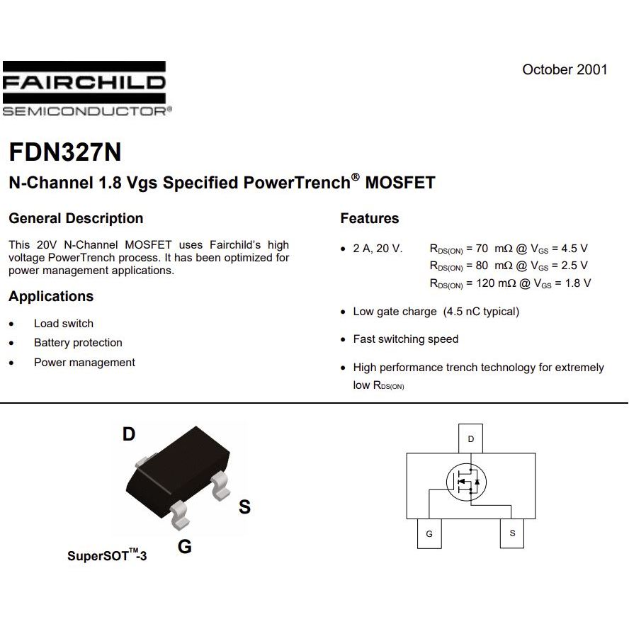 มอสเฟต FDN327N (จำนวน 25ชิ้น) 20V 2A 0.5W TO-220 ONSEMI / FAIRCHILD ของแท้