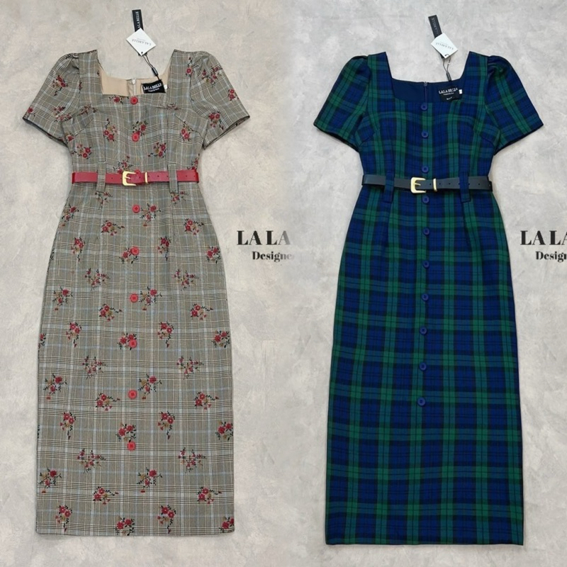 M10 งานป้าย Lalabelle Dress ชุดเดรสยาวลายสก็อต มาพร้อมเข็มขัด สำหรับผู้หญิง เสื้อผ้าแฟชั่นผู้หญิง ไซส์ S-XL