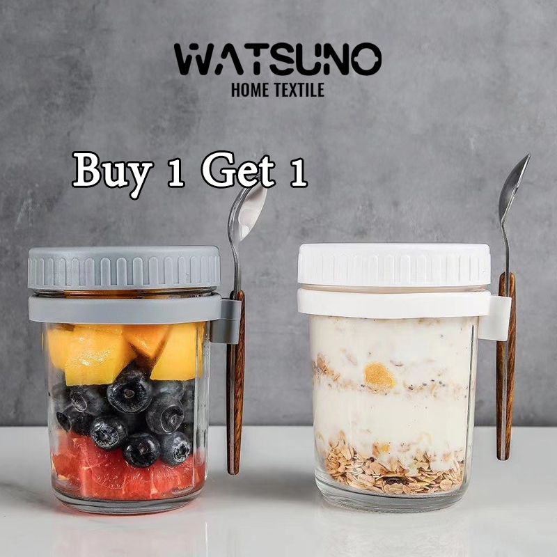 Watsuno.(ซื้อ 1 แถม 1)แก้วอาหารเช้า 350ml แก้วน้ำแบบพกพา มีฝาปิดและช้อน แก้วปิดผนึกแบบพกพา ถ้วยข้าวโอ๊ต ถ้วยแก้ว กาแฟ