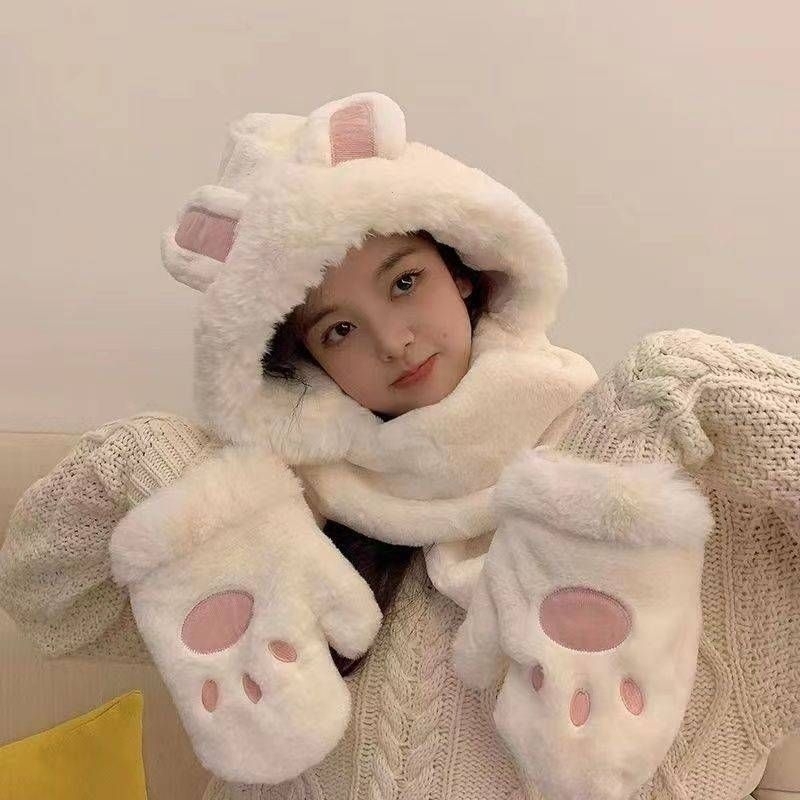 ชุดฮู้ดพร้อมผ้าพันคอกันหนาว แบบมือสอด ผ้าplush warm ผู้ใหญ่ /เด็ก ส่งจากไทย