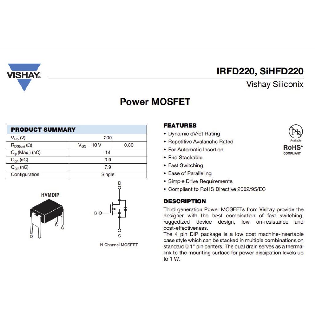 มอสเฟต IRFD220PBF IRFD220 (จำนวน 10ชิ้น) 200V 0.8A 1W HVMDIP VISHAY ของแท้