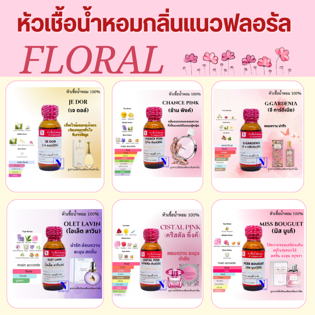 หัวเชื้อน้ำหอม 100% กลิ่นเทียบแบรนด์ กลิ่นขายดีแนวฟลอรัล Floral ขนาด 30ML