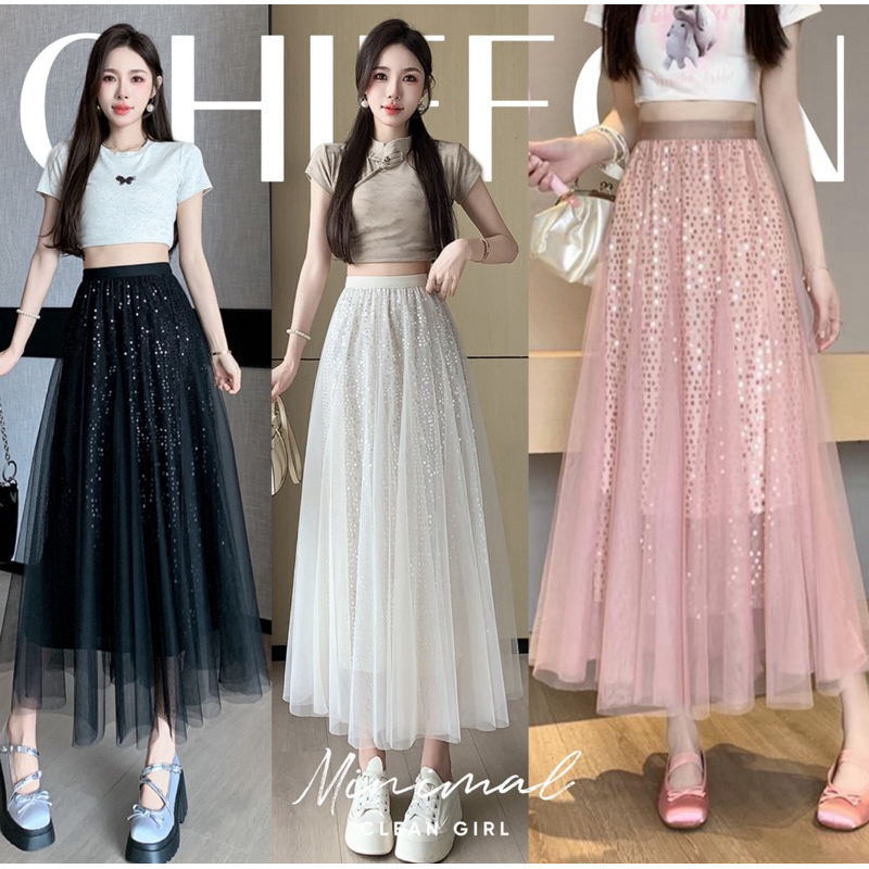 Chiffon winky skirt กระโปรงทรงพอง ผ้าชีฟอง ซับในแต่เกล็ดวิ้งค์ๆ มี5สี