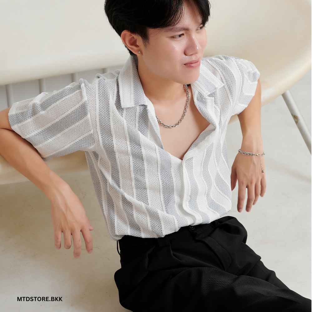 MTD Store เสื้อเชิ้ตลายทาง แขนสั้น แฟชั่นผู้ชาย T02 Chalk Shirt