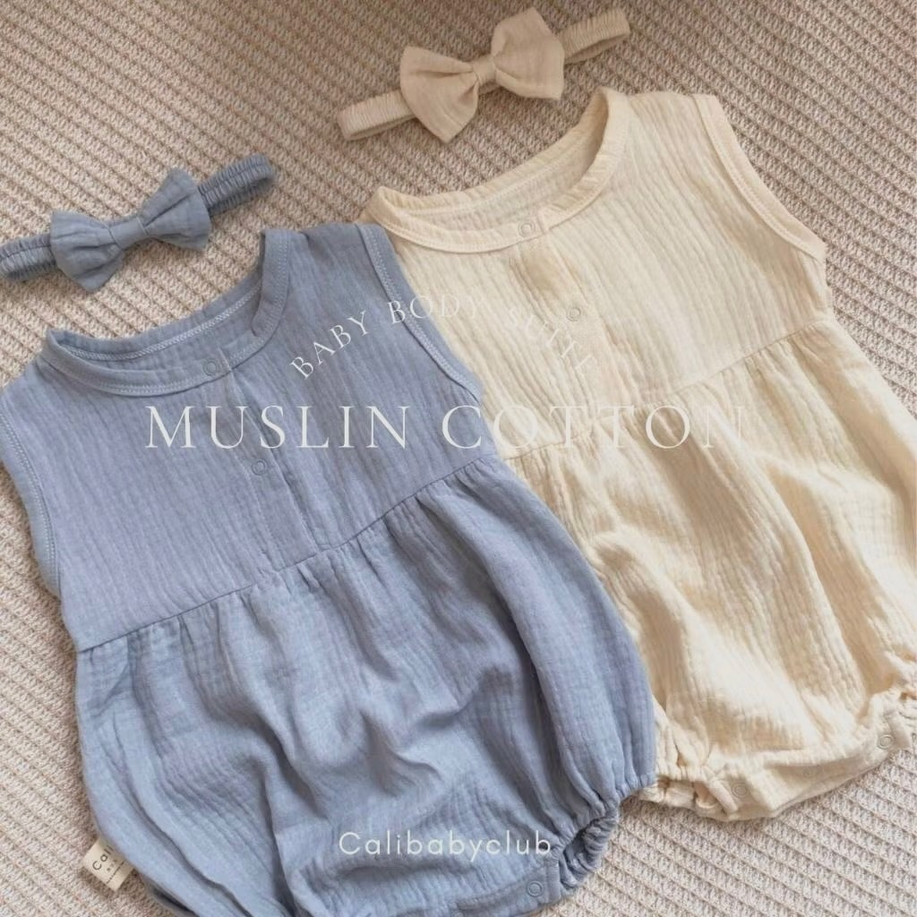 Cali ชุดบอดี้สูทแขนกุด *พร้อมที่คาดผมโบว์ 3-6/6-9 เดือน ผ้ามัสลิน สีพาสเทล สไตล์เกาหลี เด็กผู้หญิง
