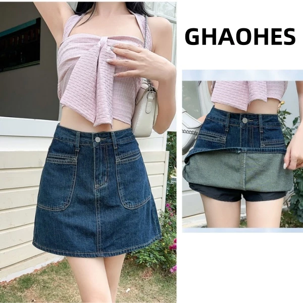 GHAOHES กระโปรงยีนส์สั้นสีน้ำเงิน มีซับใน ผ้าไม่ยืด กระโปรงมิดี้ผู้หญิงแบบเรียบวินเทจ AV99