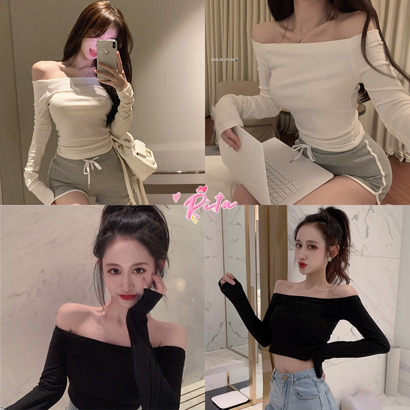 Rita พร้อมส่ง🍒เสื้อครอปหญิง เสื้อรัดรูปแขนยาว สีขาวเสื้อเปิดไหล่ เซ็กซี่ สไตล์ยุโรปและอเมริกา ทรงเข้ารูป