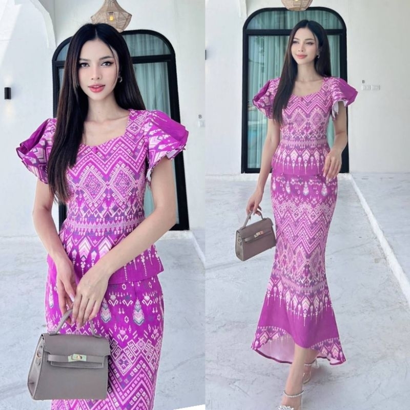 (S-4XL)ชุดไทยประยุกต์ เสื้อแขนระบาย+กระโปรงทรงสลิมหางปลา