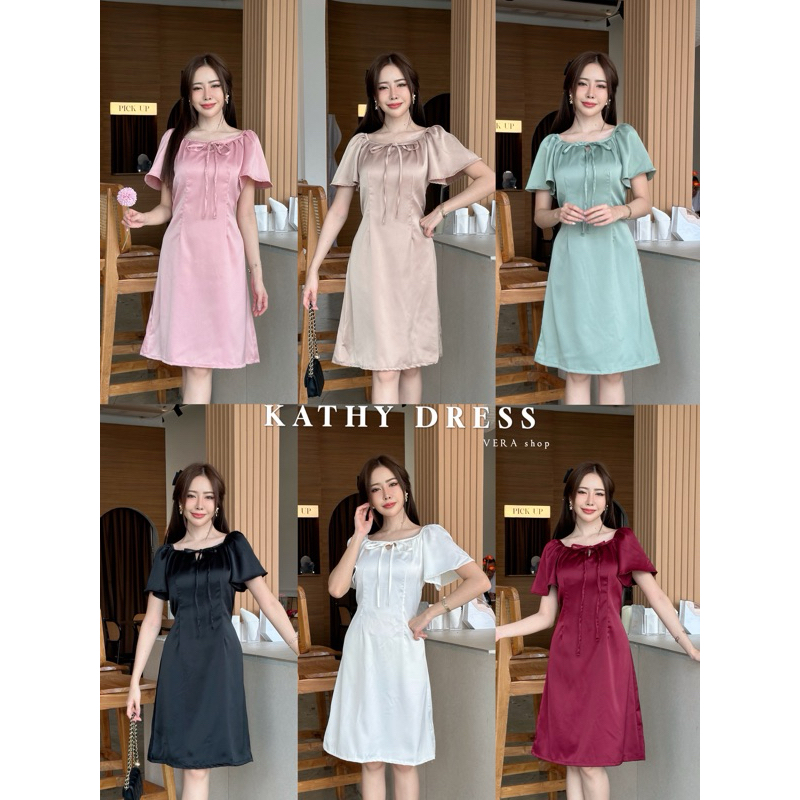 KATHY DRESS เดรสผูกโบว์หน้า งานผ้าซาตินโมนิก้าใส่ไปออกงาน ป้าย VERA
