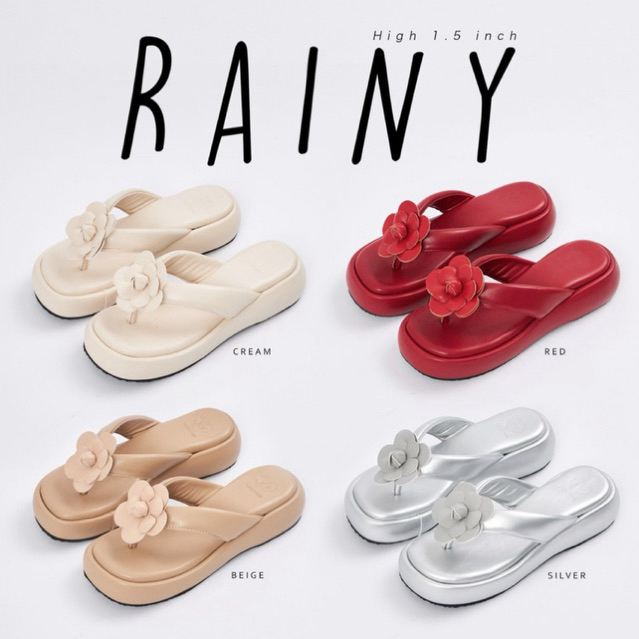 รองเท้าส้นตึกหูคีบแต่งดอกไม้ "RAINY" สูง 1.5 นิ้ว พื้นนุ่ม สายนิ่ม เดินสบายใส่ได้ทุกวัน