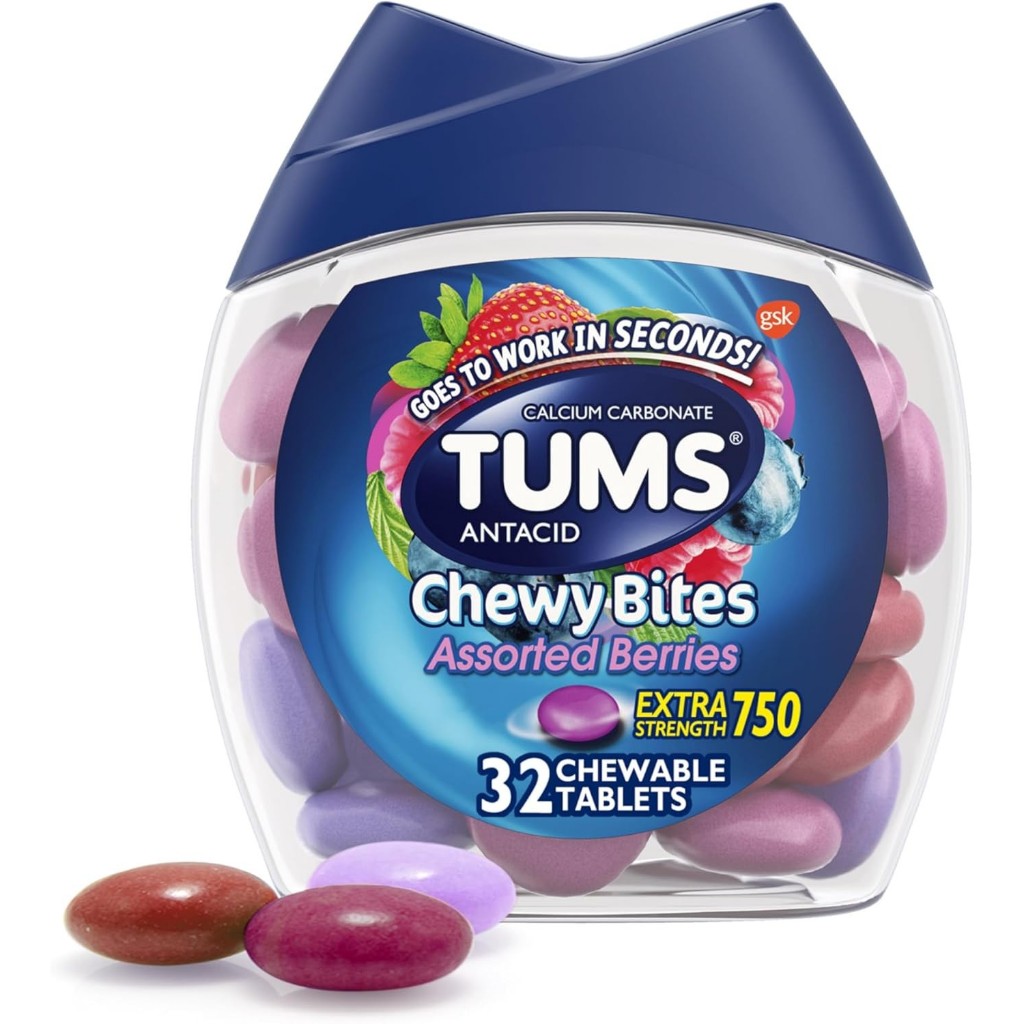 Tums Chewy Bites Heartburn Relief Chewable Antacid Tablets, Berry, 32 Ct